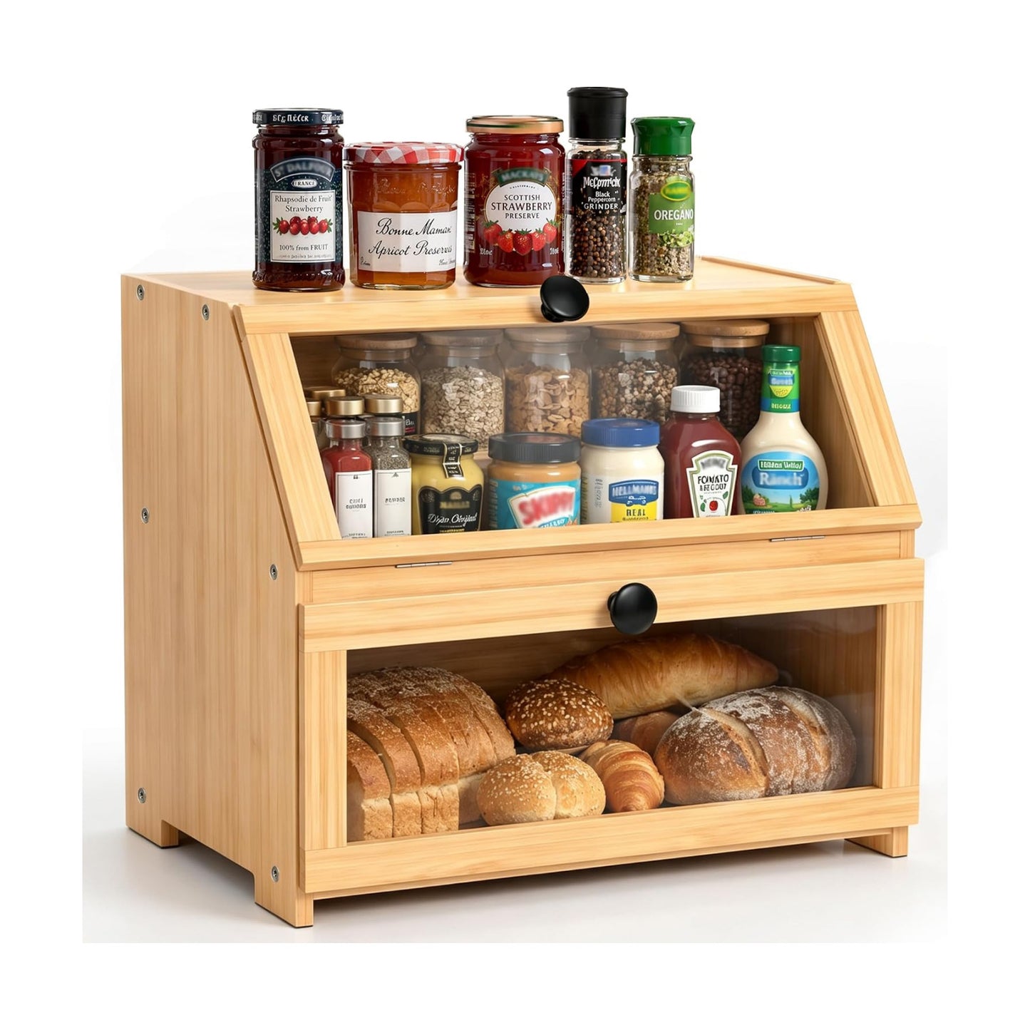 Bamboo Bread Box for Kitchen Countertop, Large Bread Storage Container Bin 2 Layer Breadbox Holder for Kitchen Counter