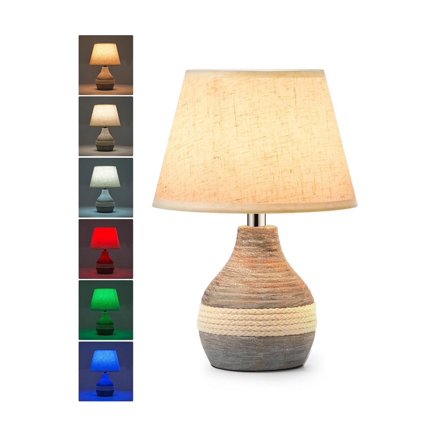 UMEXUS 10" Small Ceramic Cordless Table Lamp, Rechargeable Battery, Coastal | Timer, Dimmer, Linen Shade, Remote