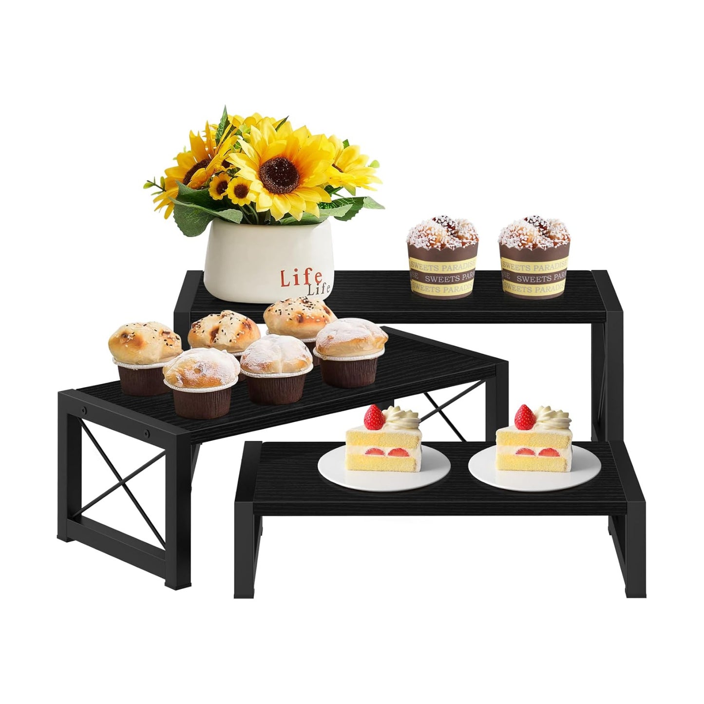 ELITEROO Black 3-Tier Wooden Cupcake and Dessert Display Stand, Multi-Tier Riser for Cupcakes, Food, Perfume, Makeup