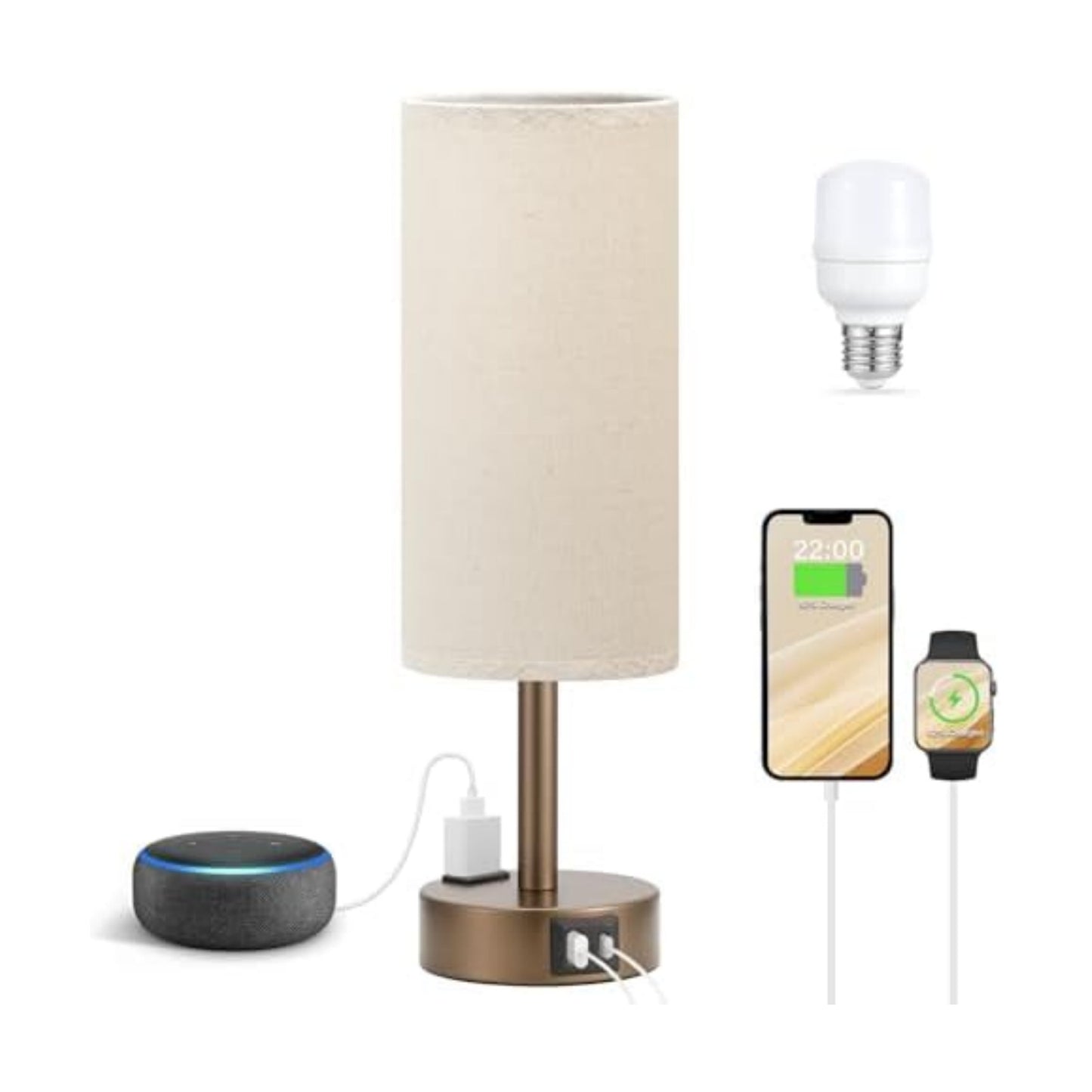 Fenmzee Brown Bedside Lamp for Bedroom, Dimmable Touch, USB A+C, AC Outlet
