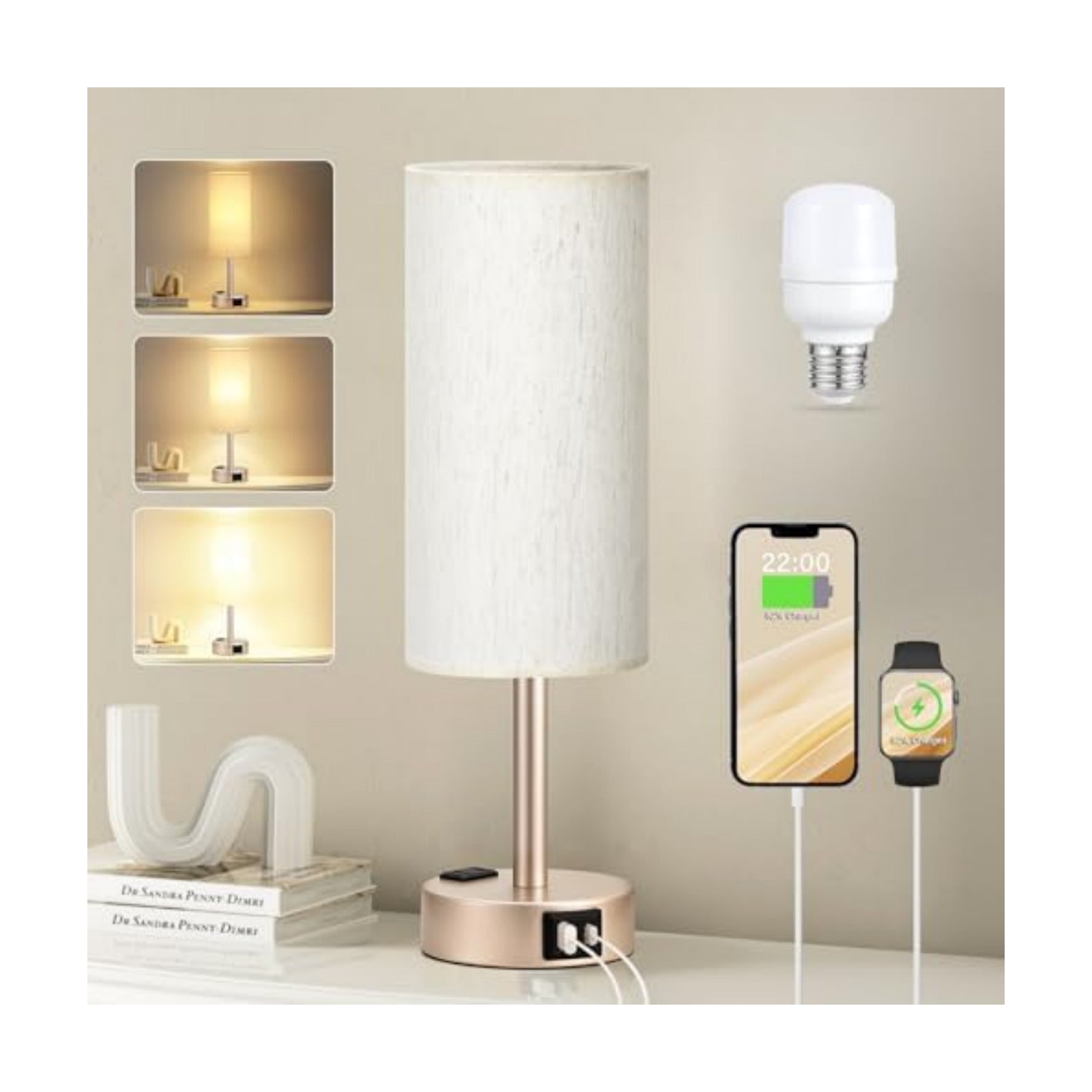 Antique White Bedside Table Lamp, Dimmable Touch Lamp, USB A+C, AC Outlet