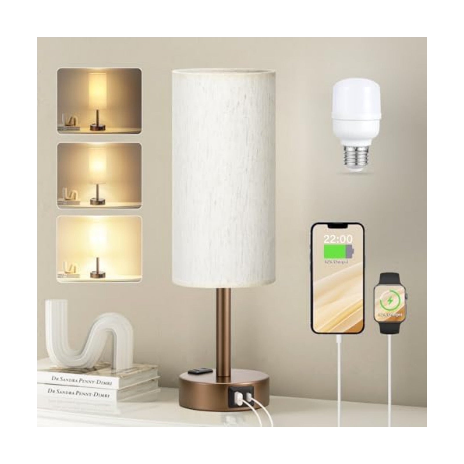 Fenmzee Brown Bedside Lamp for Bedroom, Dimmable Touch, USB A+C, AC Outlet