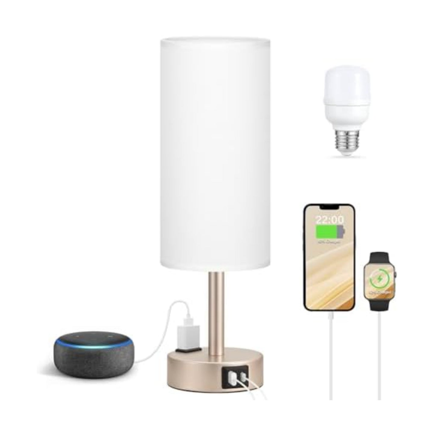 Antique White Bedside Table Lamp, Dimmable Touch Lamp, USB A+C, AC Outlet