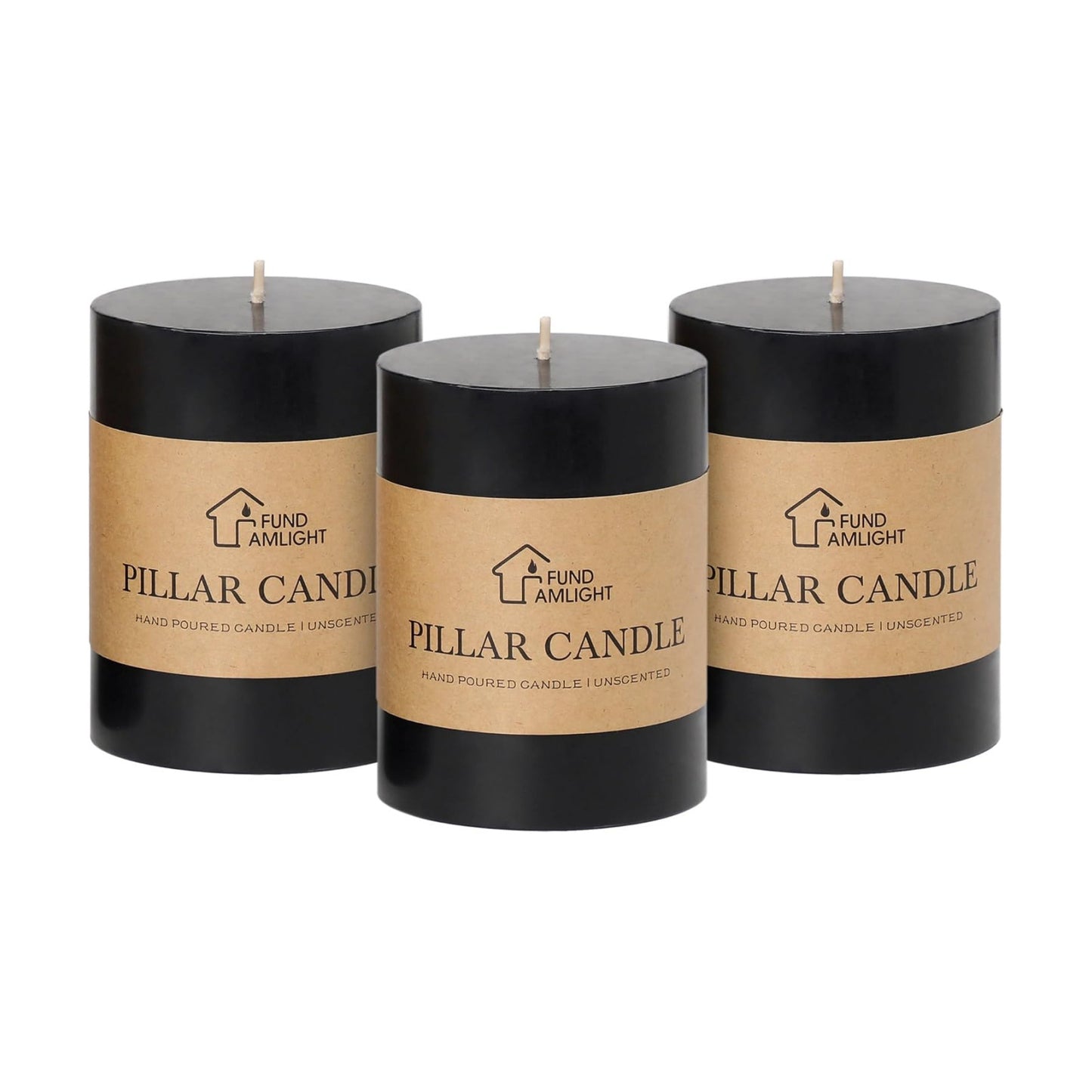 3x4 Inch Black Pillar Candles Set of 3 - Decorative Unscented Pillar Candles, Long Burning Dripless Candle for Home