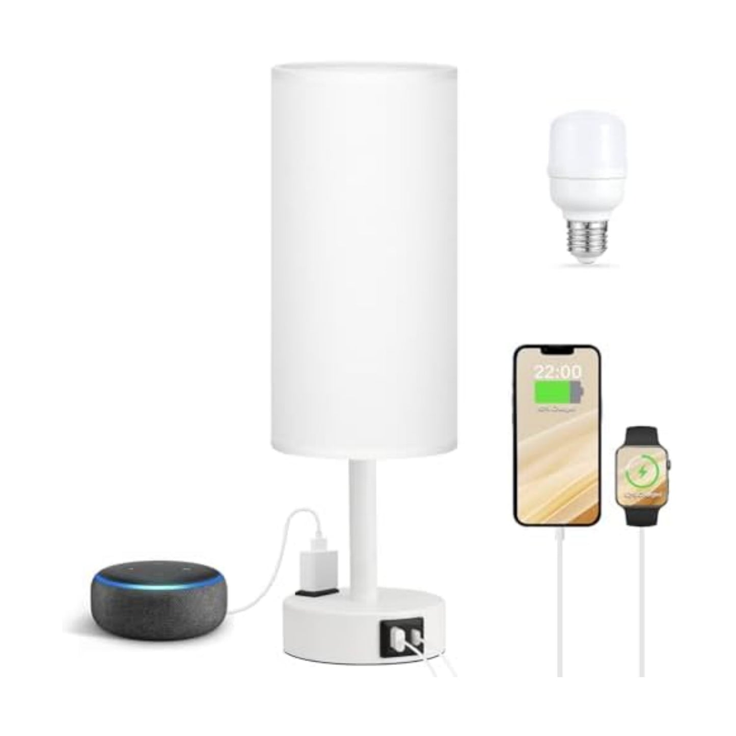 Fenmzee White Bedside Lamp for Bedroom, Dimmable Touch, USB A+C, AC Outlet