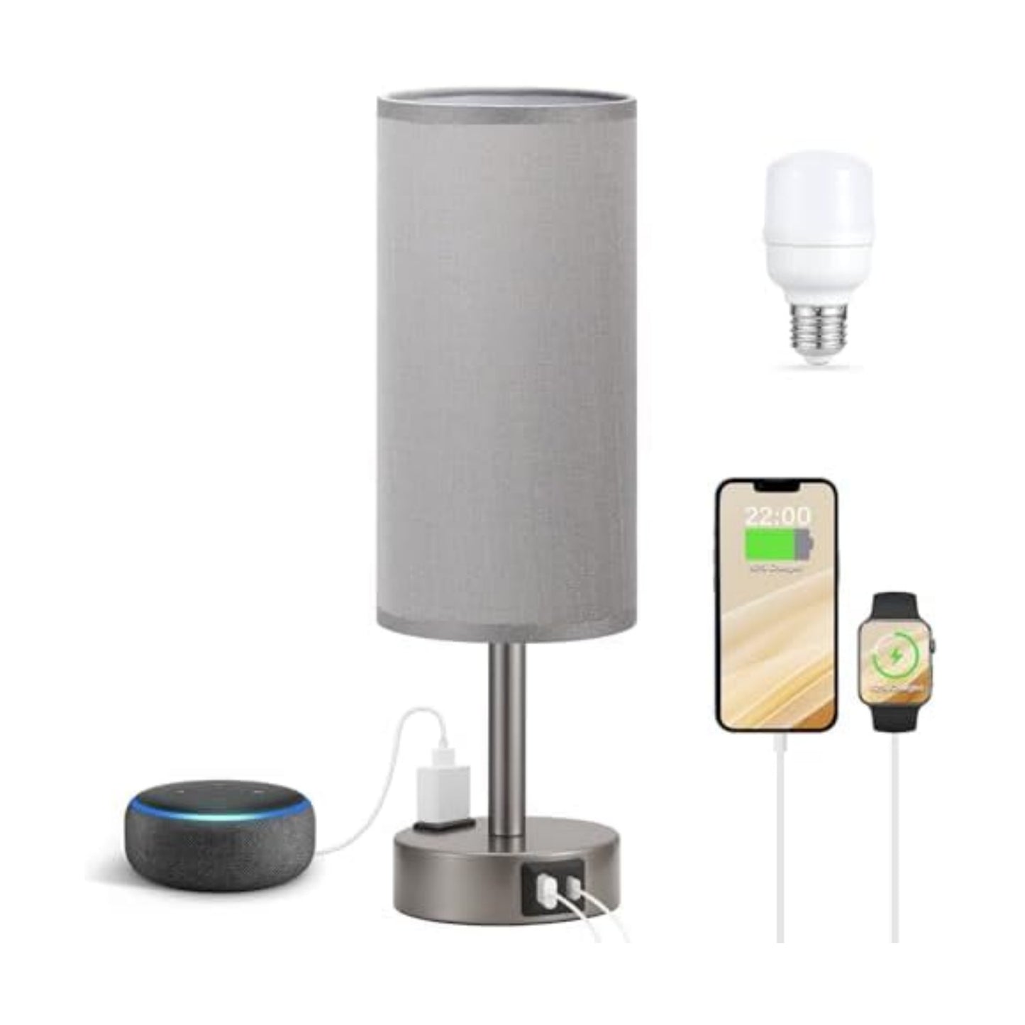 Fenmzee Grey Bedside Lamp for Bedroom, Dimmable Touch, USB A+C, AC Outlet