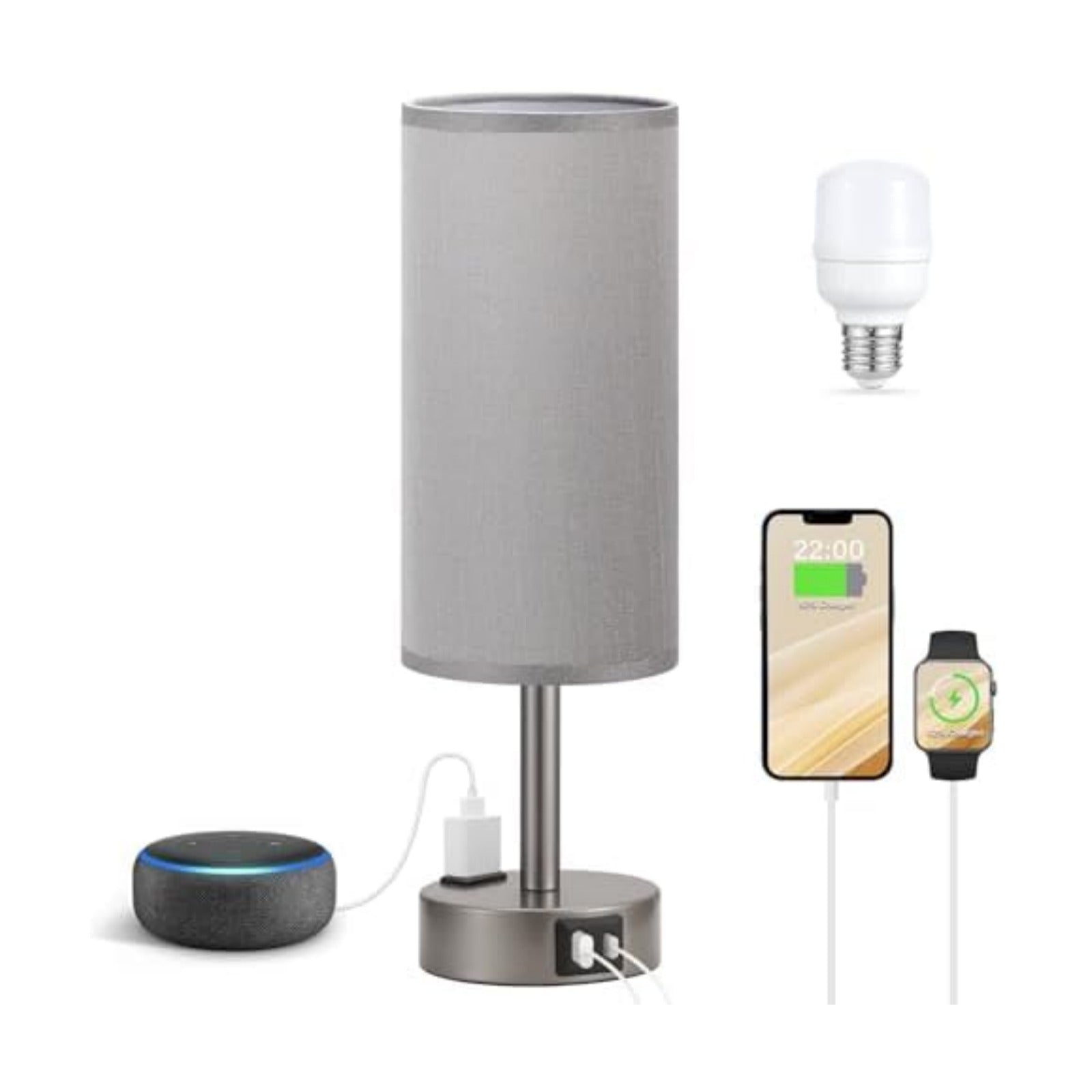 Fenmzee Grey Bedside Lamp for Bedroom, Dimmable Touch, USB A+C, AC Outlet