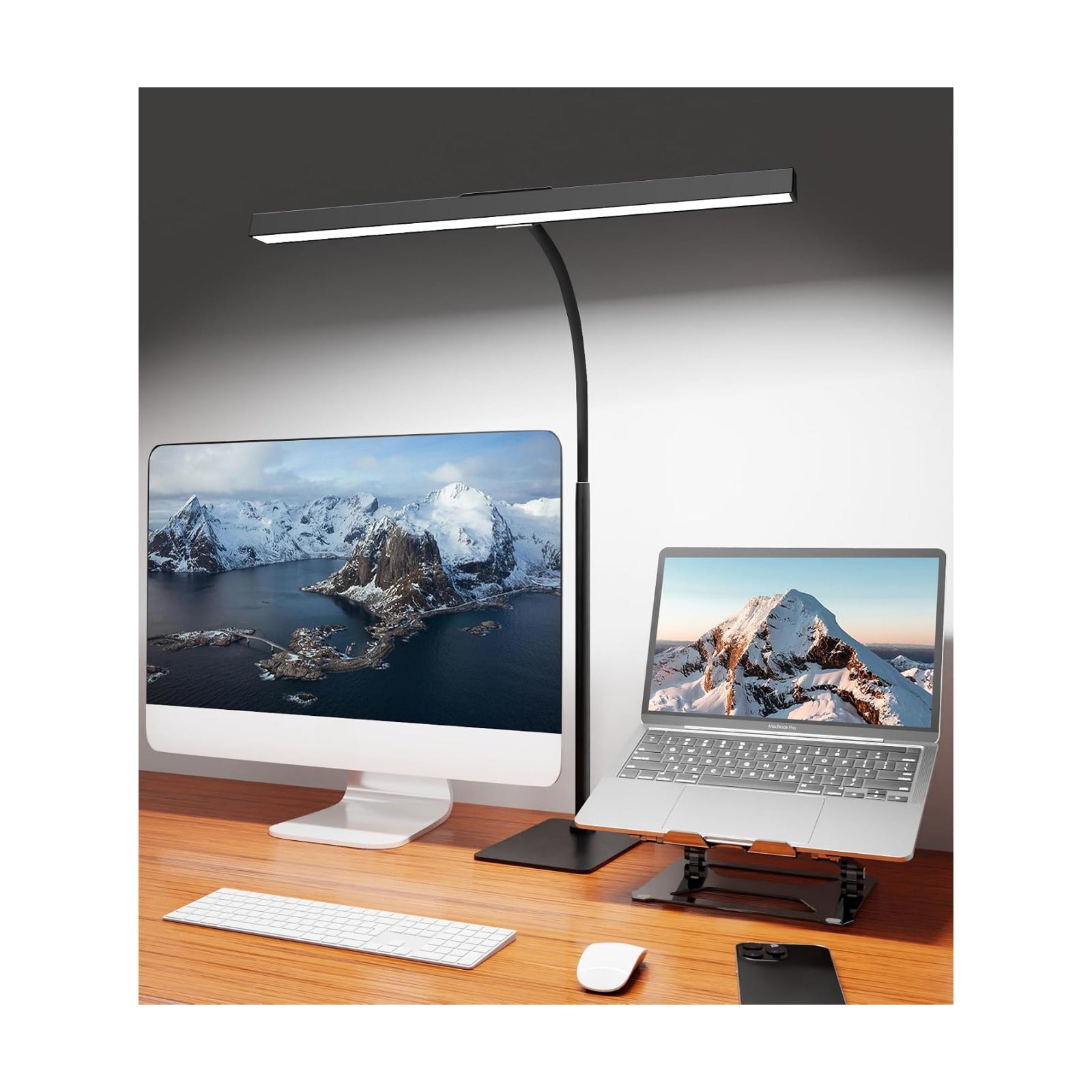 LED Desk Lamp for Home Office with Base, Eye-Caring Desk Light 12W, Black | Tall Lamp for Computer Monitor Task
