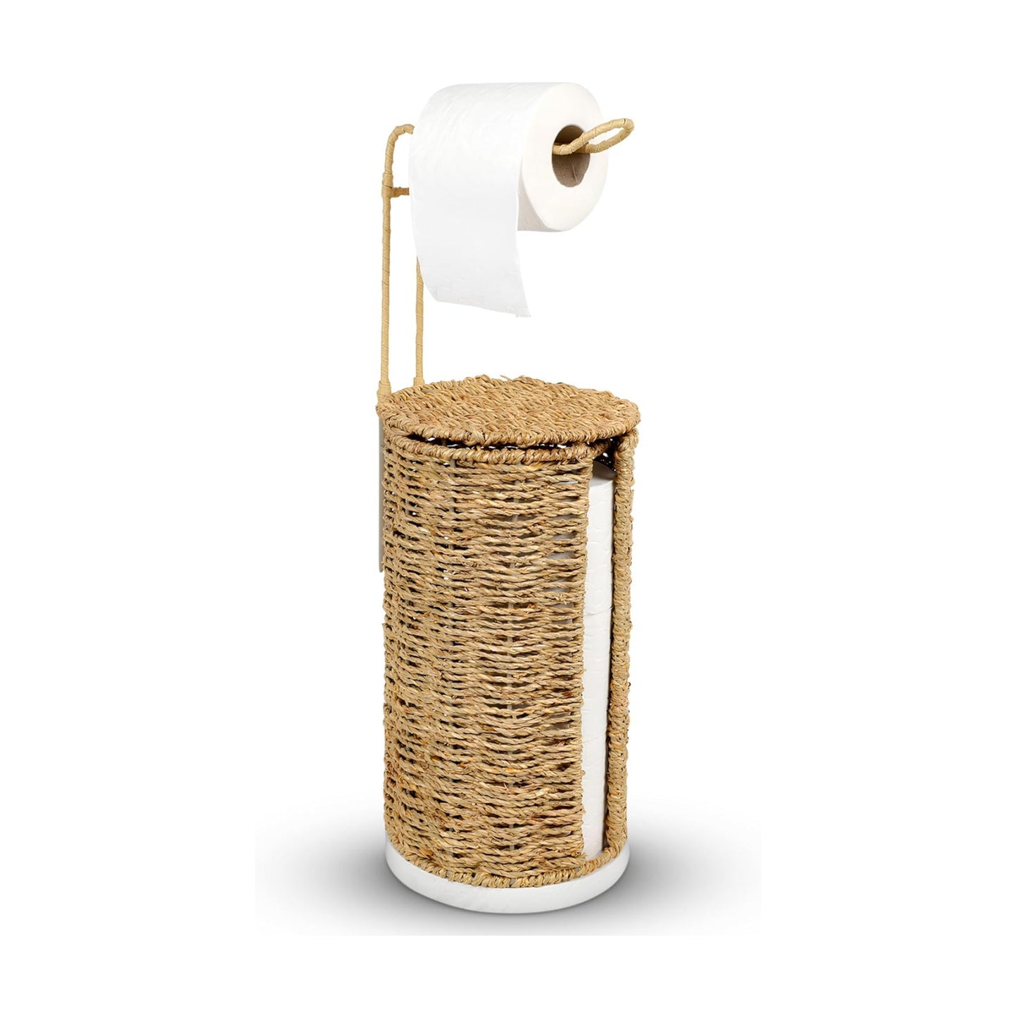 Freestanding Wicker Toilet Paper Holder with Lid, 3 Rolls of Toilet Tissue Storage, Rattan Handmade Woven Toilet Paper