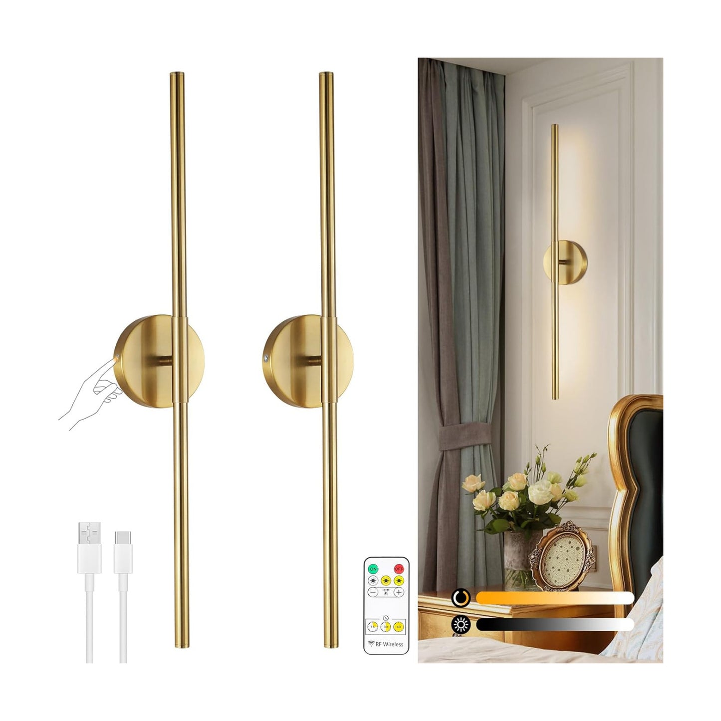 Wireless Battery Operated Wall Sconces with Remote, Gold Rechargeable Led Wall Lights Set of Two, Cordless Dimmable