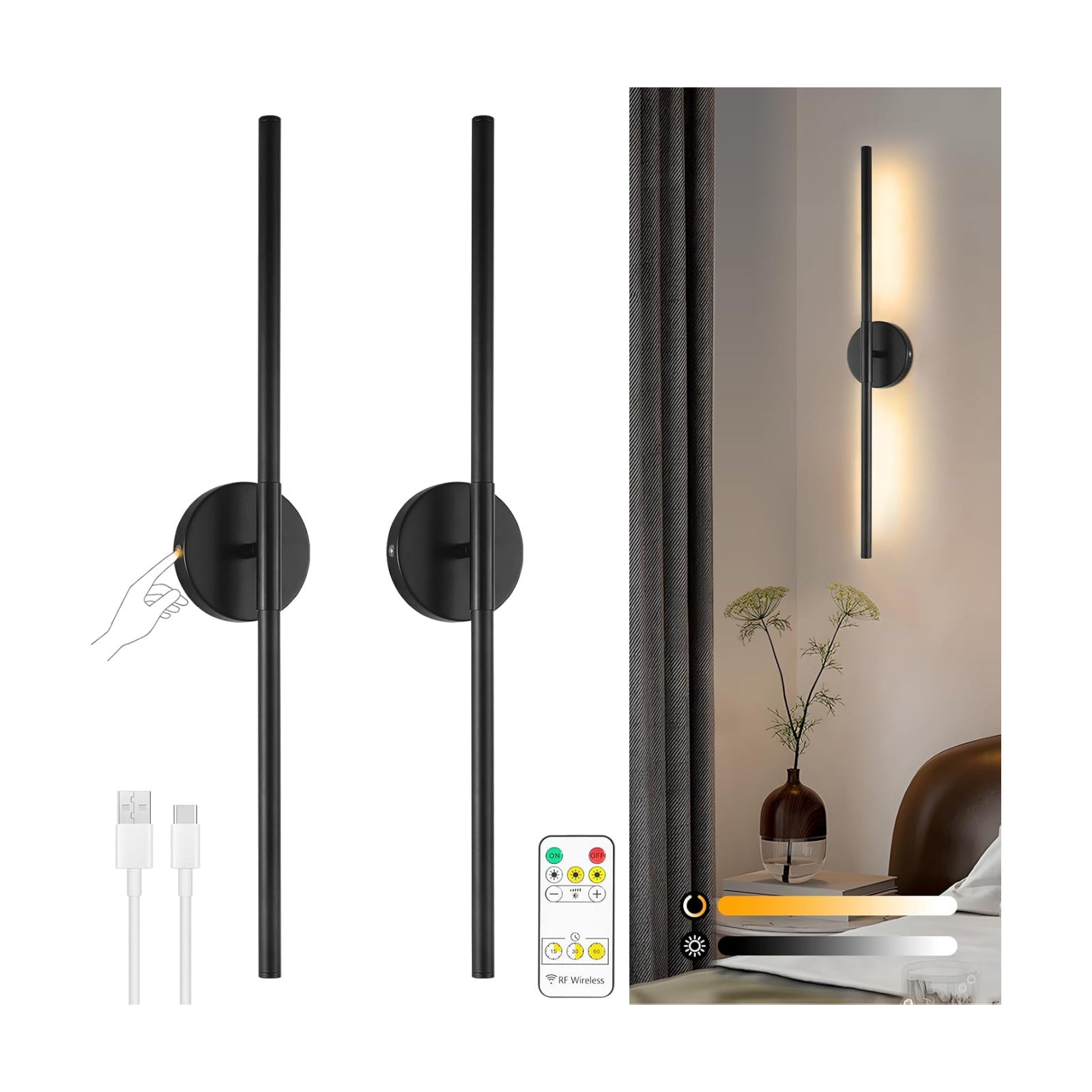 Wireless Battery Operated Wall Sconces with Remote, Black Rechargeable Led Wall Lights Set of Two, Cordless Dimmable
