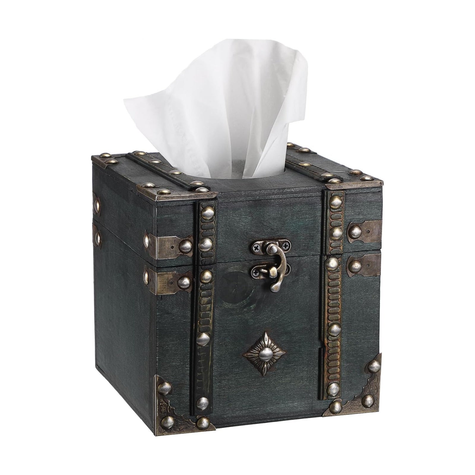 Retro Wood Square Tissue Box Cover Vintage Cube Tissue Holder / Green