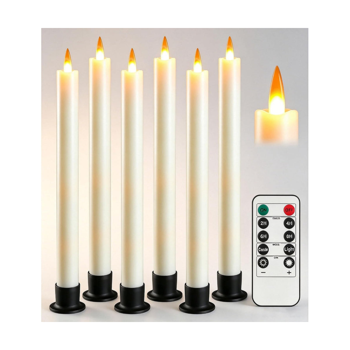 Da by 6 Flameless Window Candles with Remote Controller & Timer, LED Cone Stick Candle, Free 6 Black Bases, 9.6 Inch