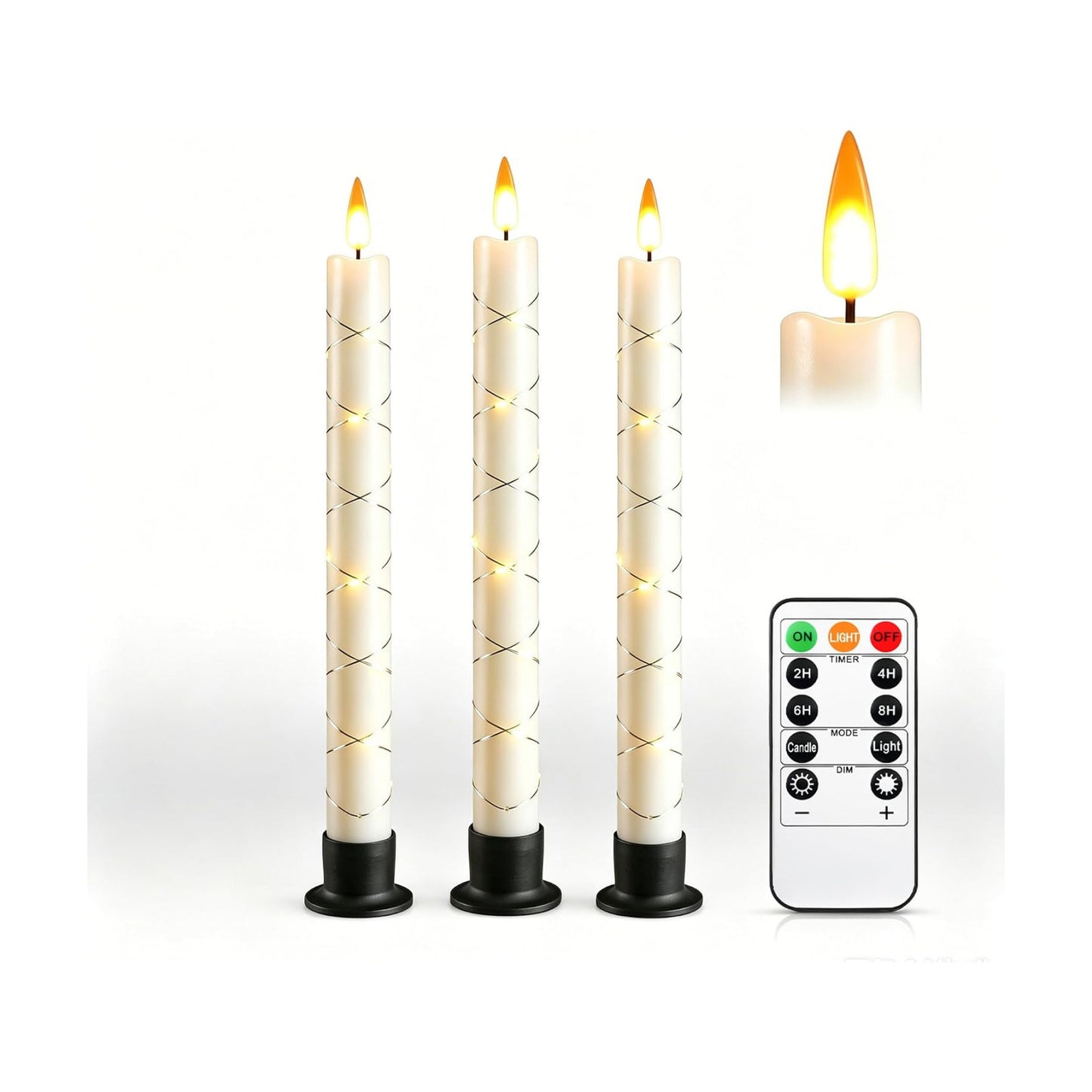 Da by 3 Pack Ivory Heat Resistant Flameless Taper Candles, Cross Surrounding Fairy String Lights, Realistic Dynamic