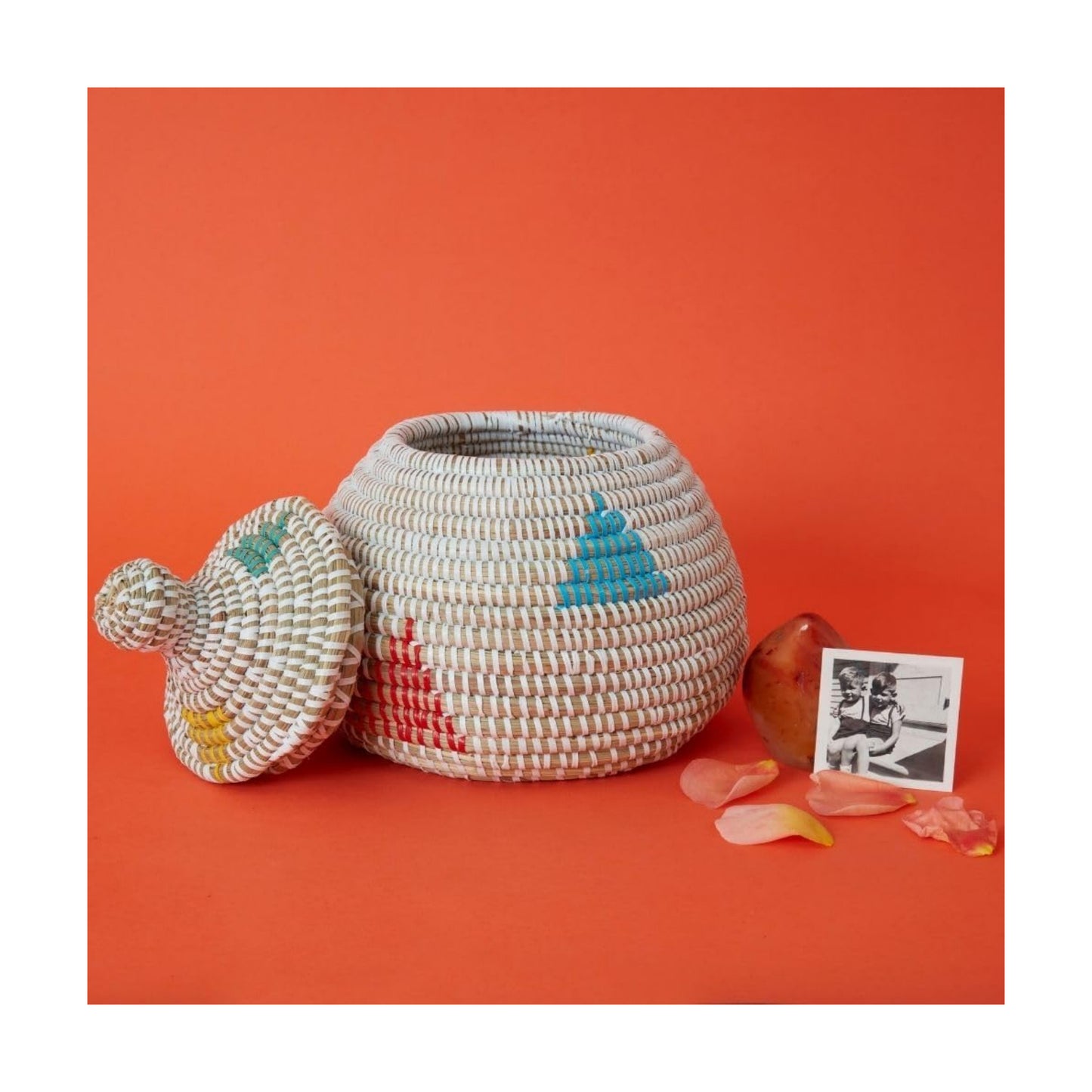 Small Colorful African Basket / White / 10 Inch