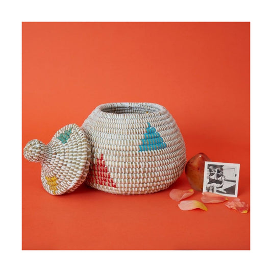 Small Colorful African Basket / White / 10 Inch