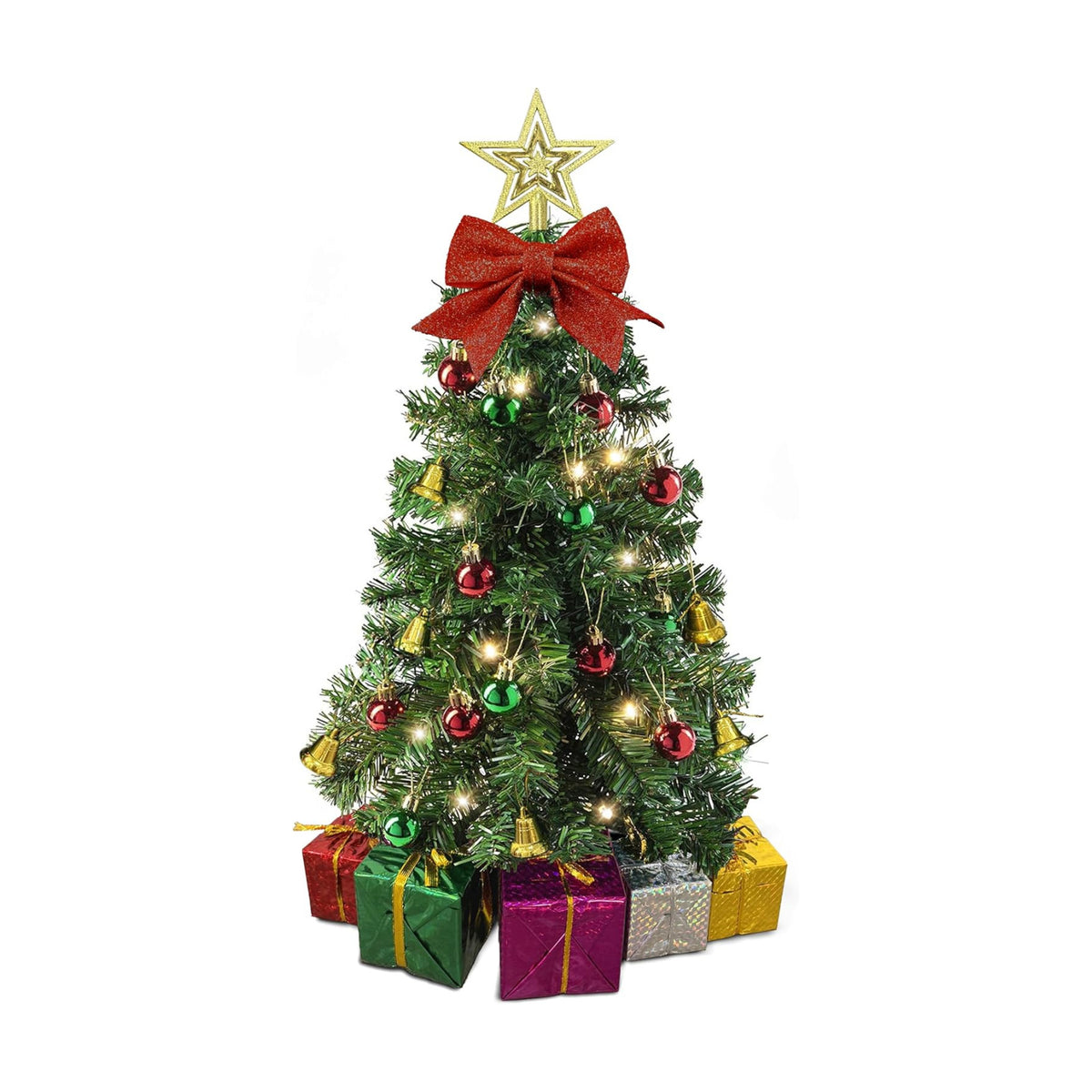 Small Christmas Tree with Lights - 23 Inch Mini Tabletop Christmas Tree with Warm-White LED Lights, Hanging Ornaments, Decorative Bow and Gift Boxes - Prelit Table Tree for DIY Christmas Decoration