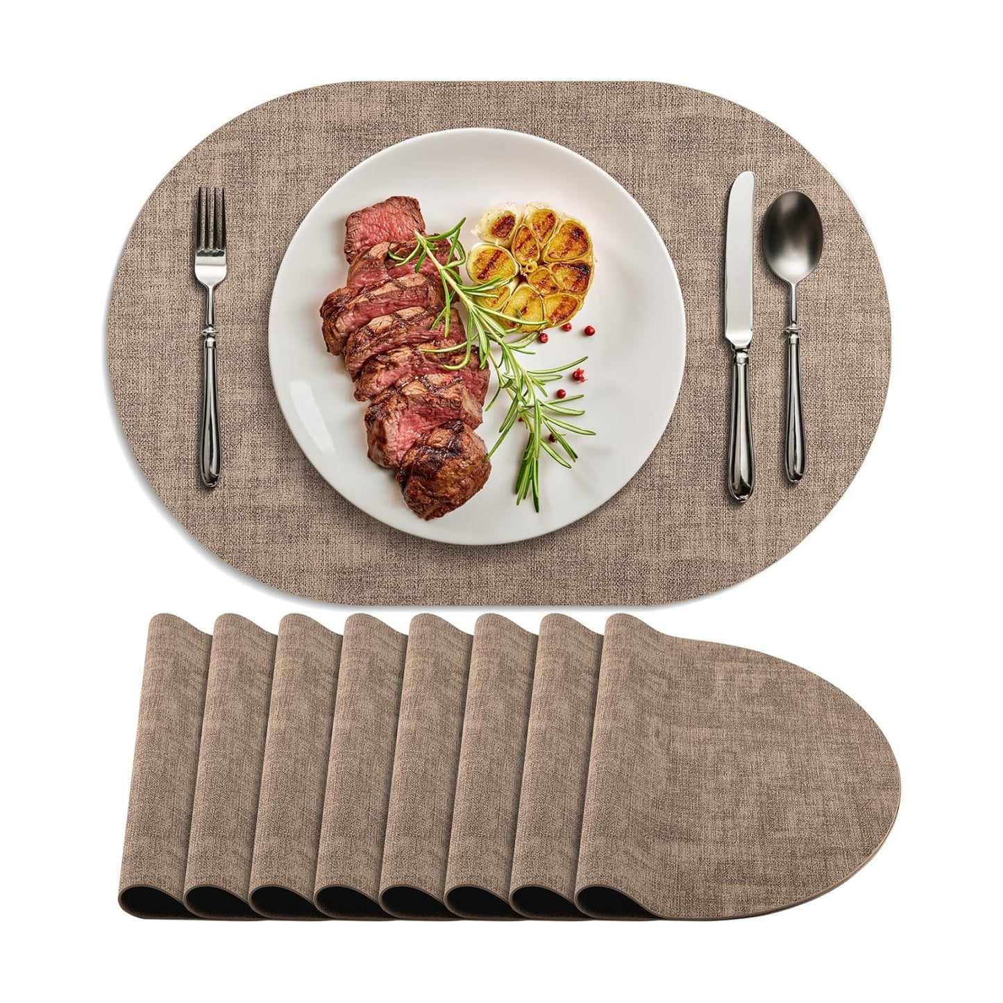 Placemats Set of 8 Non Slip, Heat Resistant Oval Faux Leather Place mats Double Layer, Waterproof Table Mats Easy to