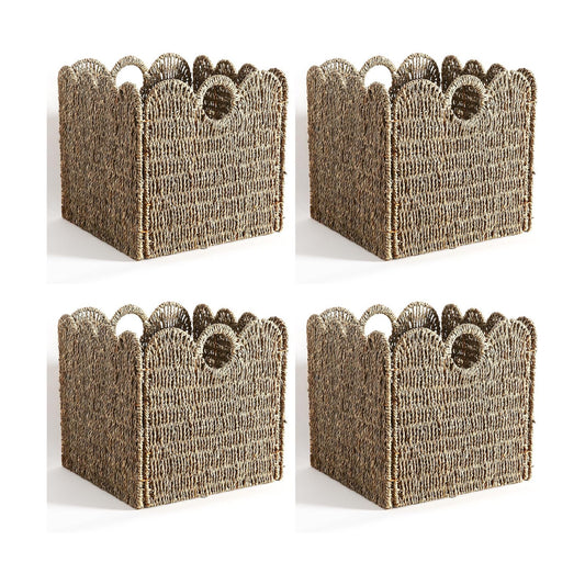 Scalloped Wicker Storage Cubes Basket / Sage Green / 12 x 12 x 12 / In&4-pack / Set of 4