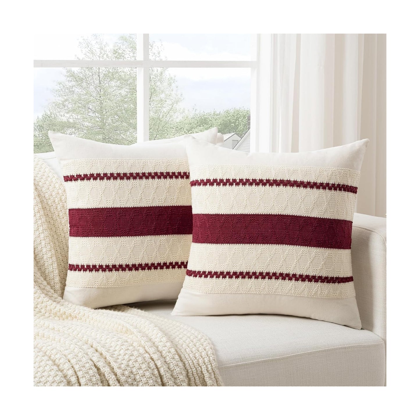 Boho Decorative Throw Pillow Covers / 18 x 18 / Burgundy / Set of 2