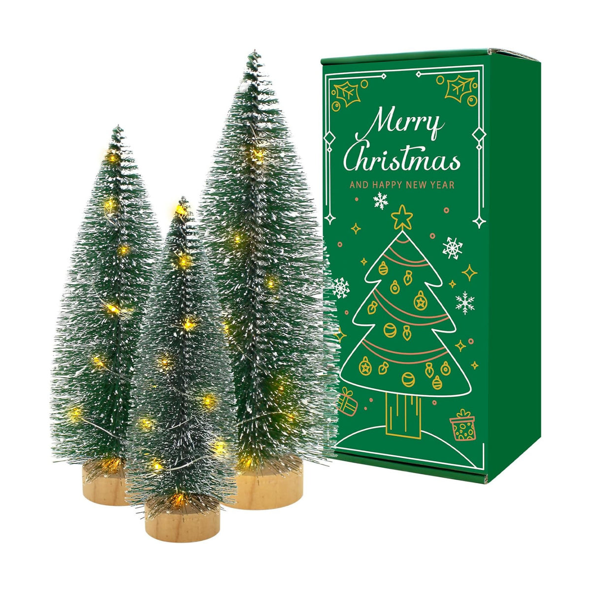 3 PCS Mini Bottle Brush Christmas Trees with Lights, Miniature Tabletop Christmas Tree for Christmas Decorations Indoor, Desktop Pine Tree Xmas Holiday Decor