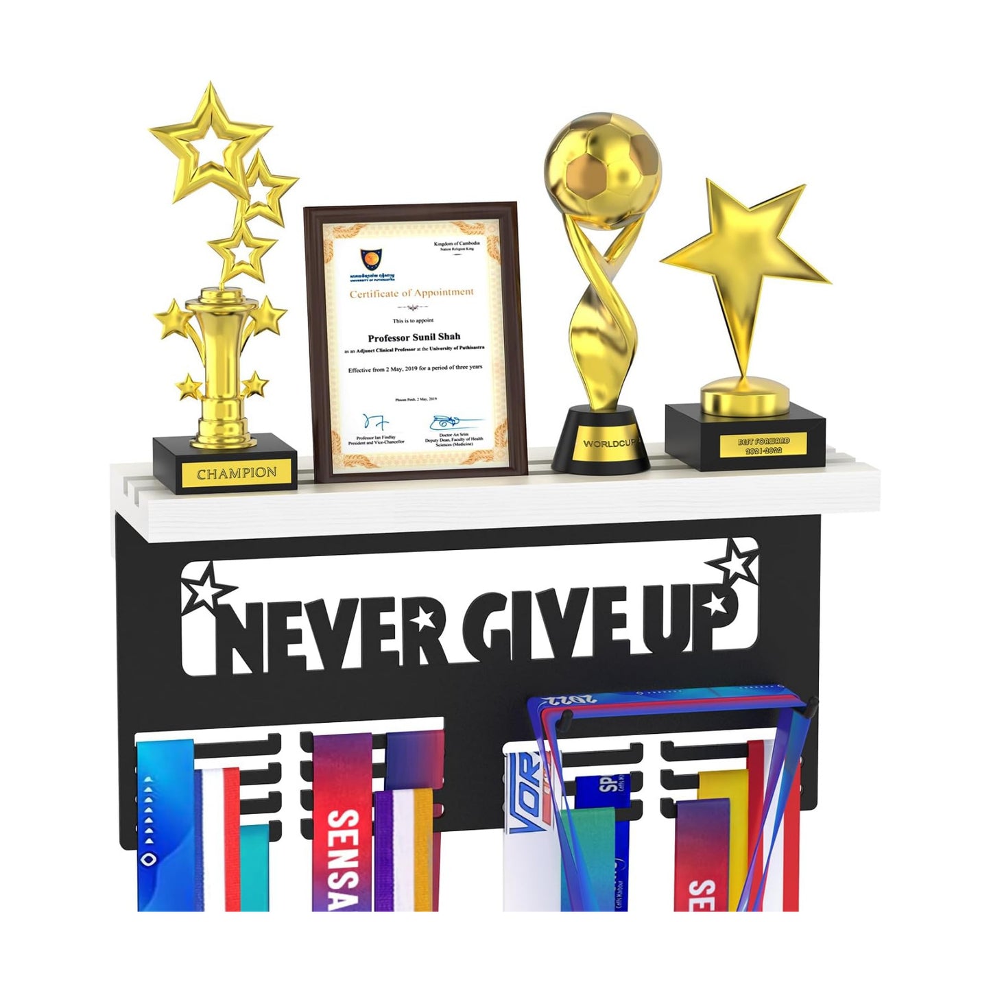 Medal Holder Display Trophy Shelf Organizer, Sturdy Wooden Race Award Hanger Rack with 25 Steel Hooks, Wall Mount