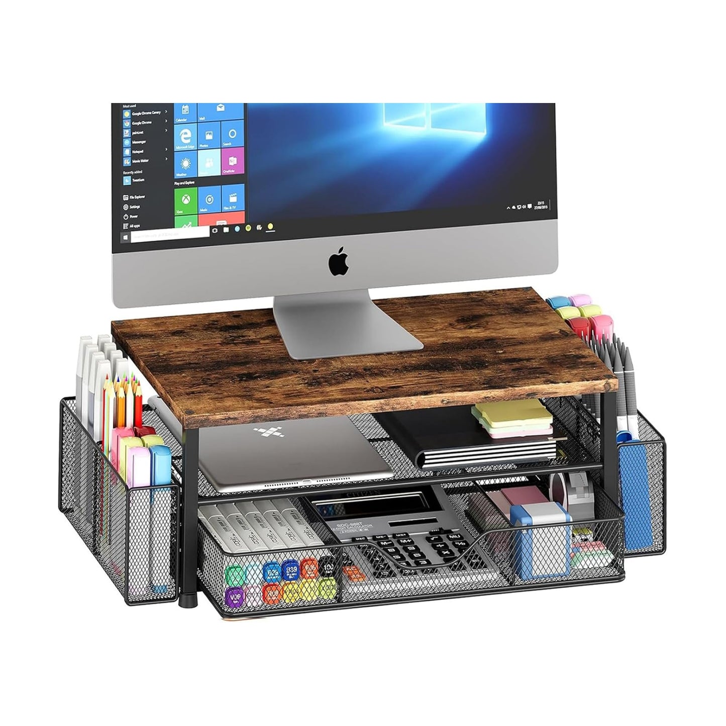 Desk Organizer and Accessories, 2-Tier Computer Monitor Stand Riser with Drawer and 2 Pen Holders, Laptop Stand, Office