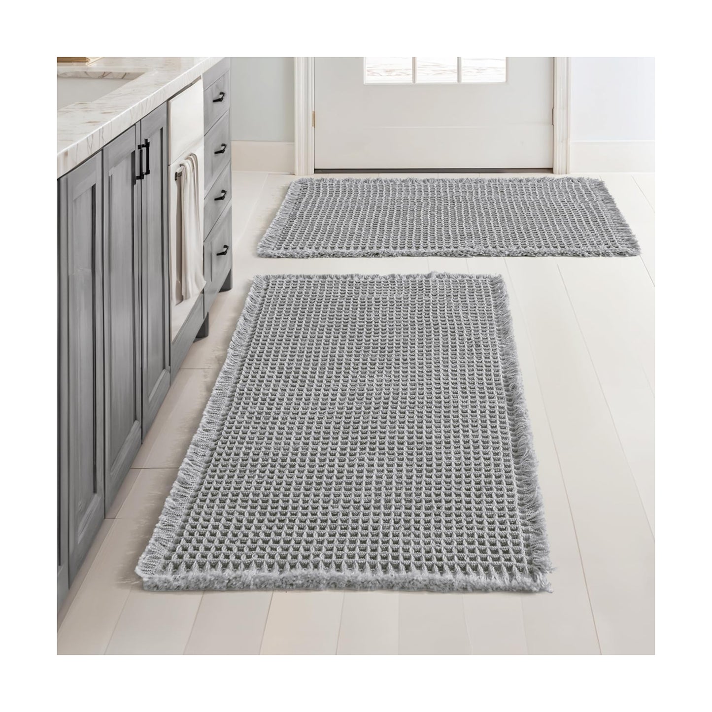 MIULEE Set of 2 Waffle Bathroom Rugs Boho Bath Mat Light Grey 18x30 Inch