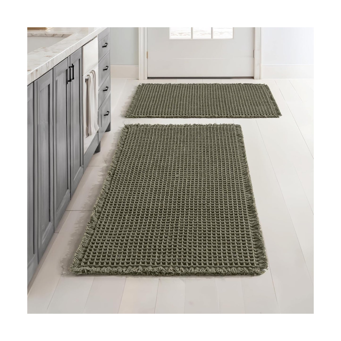MIULEE Set of 2 Waffle Bathroom Rugs Boho Bath Mat Green 17"x24"+18"x30"