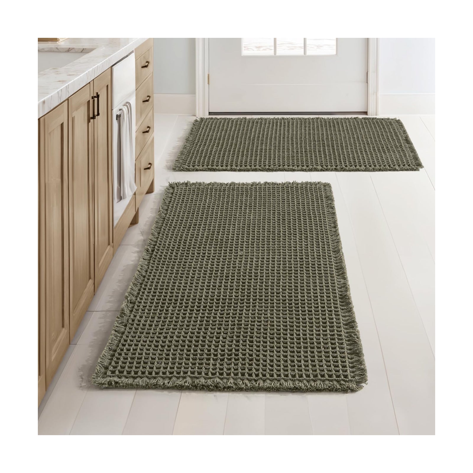 MIULEE Set of 2 Waffle Bathroom Rugs Boho Bath Mat Green 18x30 Inch
