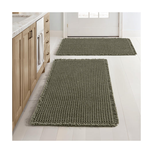 MIULEE Set of 2 Waffle Bathroom Rugs Boho Bath Mat Green 18x30 Inch