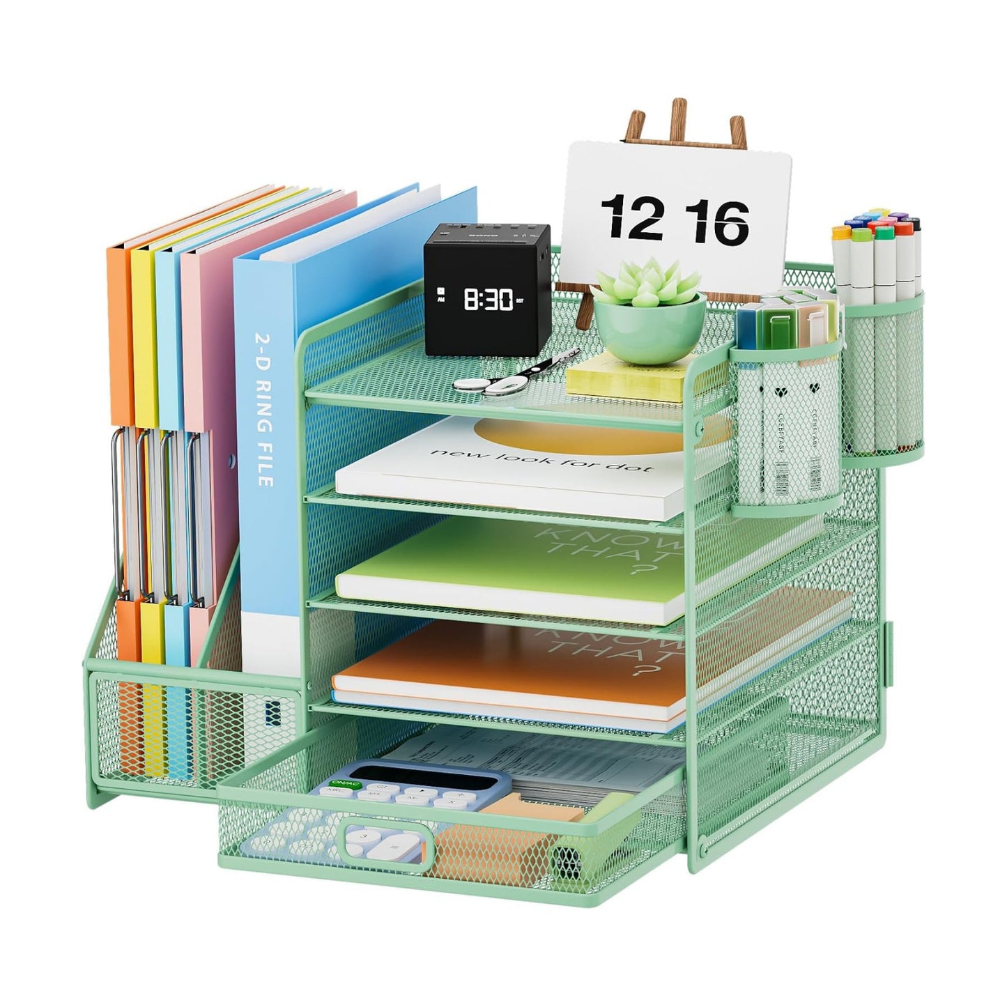 Marbrasse Desk Organizer with File Holder, 5-Tier Paper Letter Tray Organizer with Drawer and 2 Pen Holder, Mesh