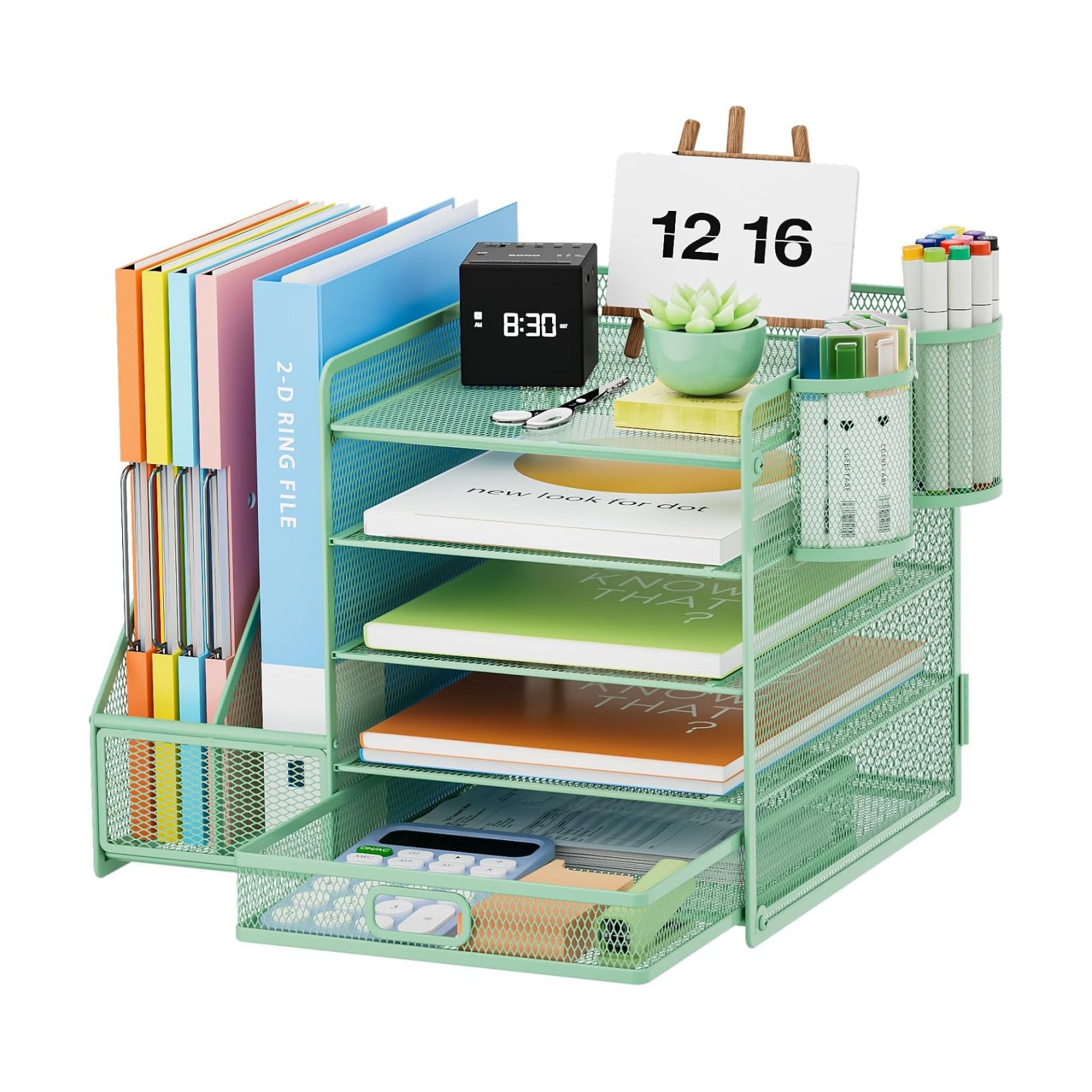 Marbrasse Desk Organizer with File Holder, 5-Tier Paper Letter Tray Organizer with Drawer and 2 Pen Holder, Mesh