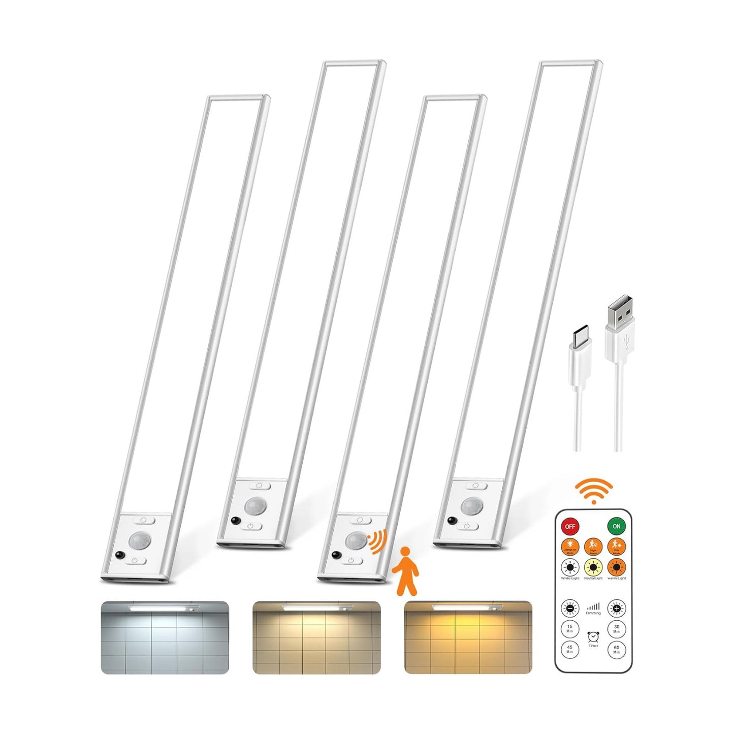 4 Pack Under Cabinet Lighting Rechargeable 12” Motion Sensor Light Indoor | 2500mAh Closet Lights Wireless, 3 Color