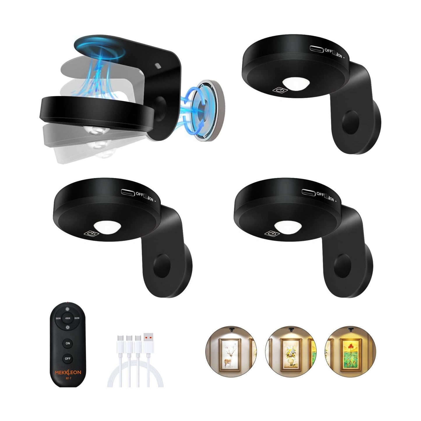 Picture Lights for Wall Wireless with Magnetic,2000mAh Rechargeable Picture Frame lights with Dimmable,Puck Lights with