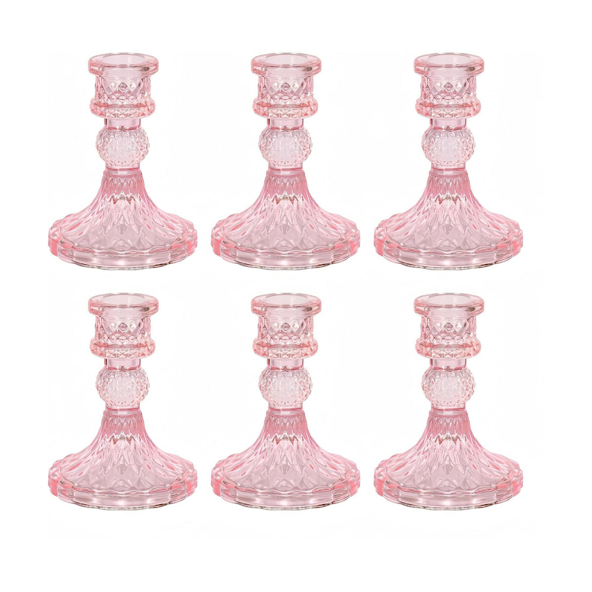 Pink Glass Candlestick Holders, Taper Candle Holders, Set of 6