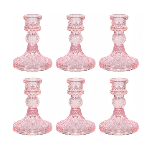 Pink Glass Candlestick Holders, Taper Candle Holders, Set of 6