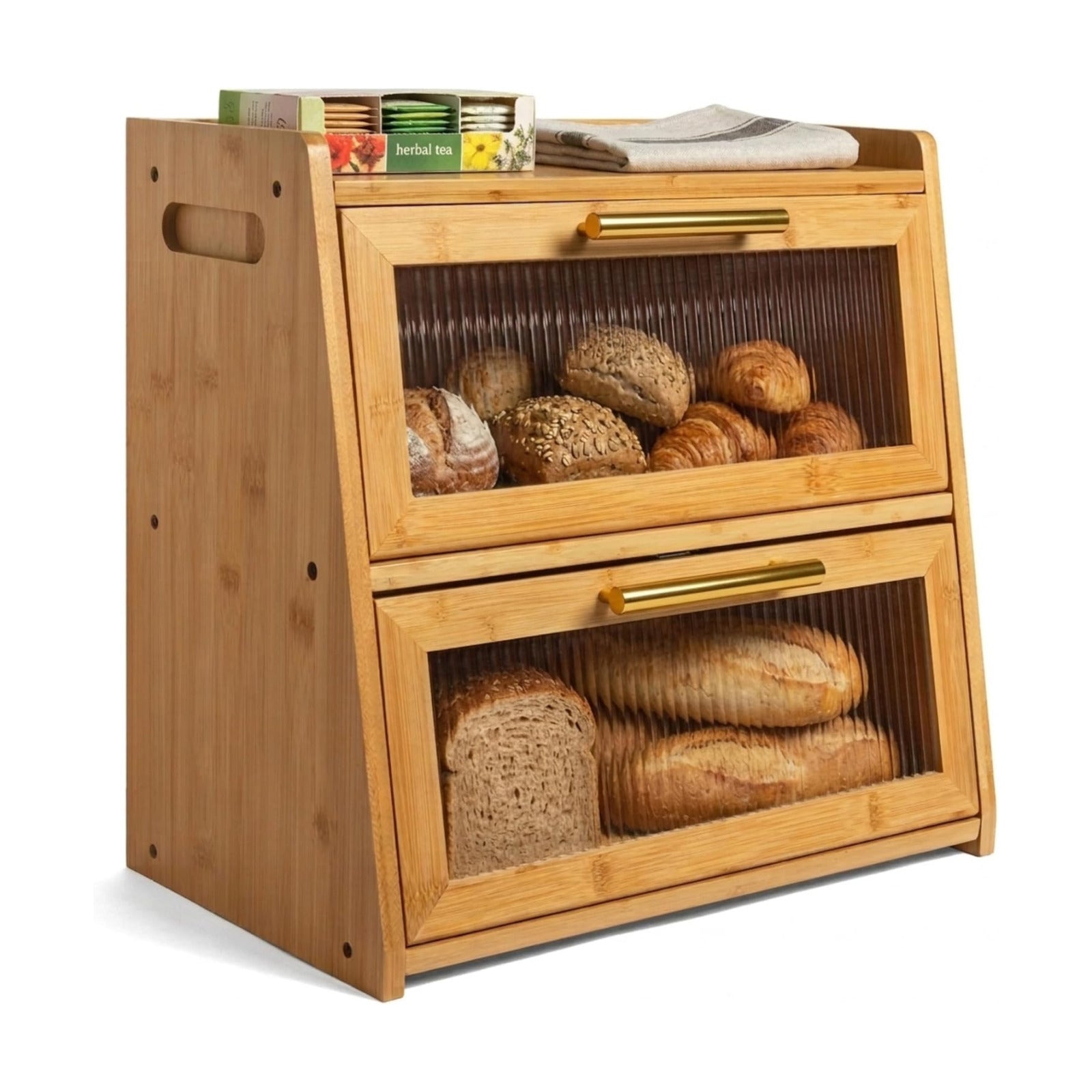 Extra Large Bamboo Bread Box for Kitchen Countertop, Double Layer Wooden Breadbox Holds Multiple Loaves of Homemade