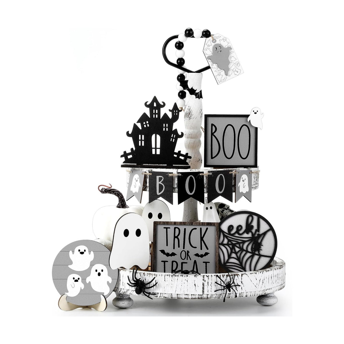 Umigy 15 Pcs Halloween Tiered Tray Decor Gray Ghost Wooden Signs Boo