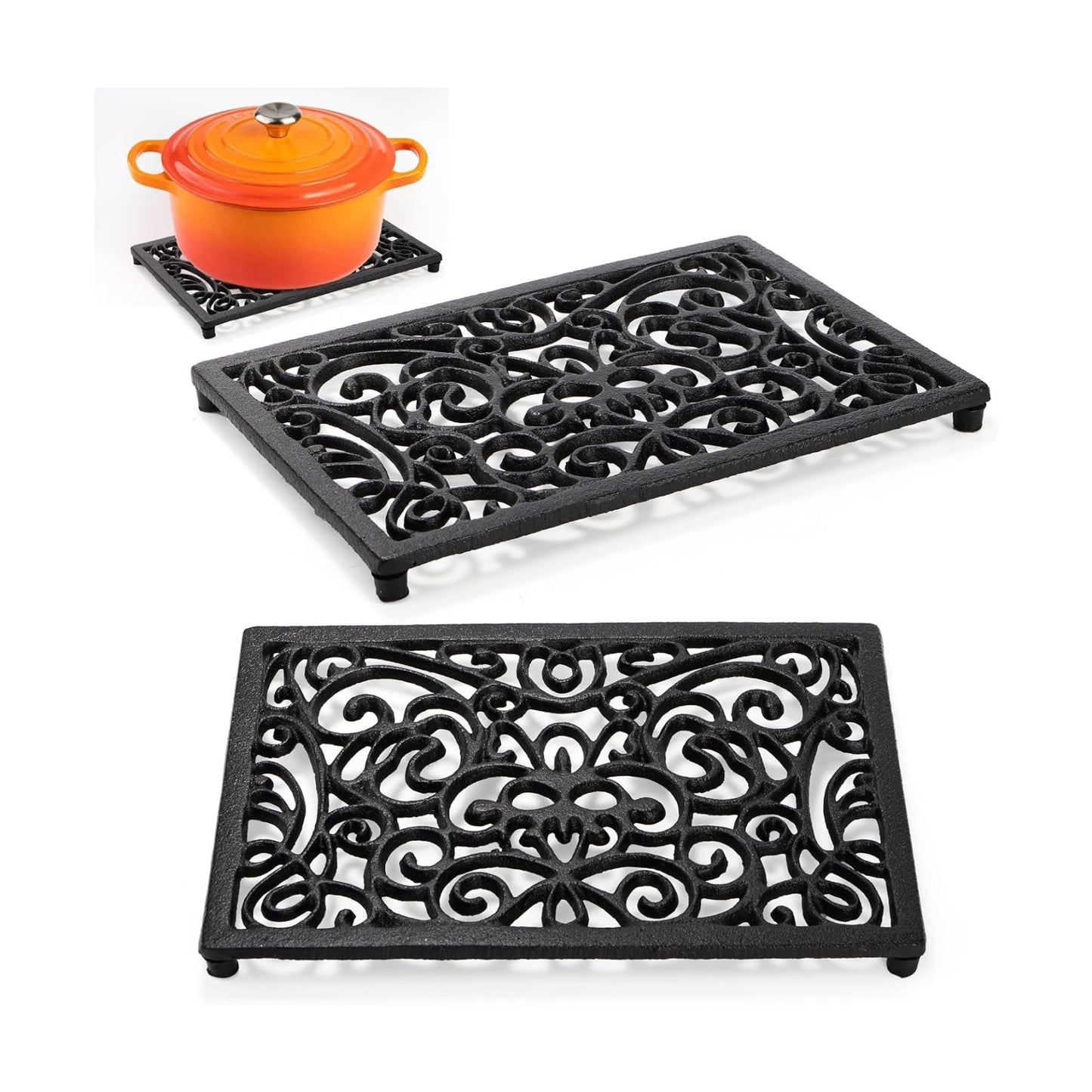 Yopay 2 Pack Cast Iron Trivet for Hot Pots and Pans, Heat Resident Rectangle Trivet Stands Holders for Wood Stove