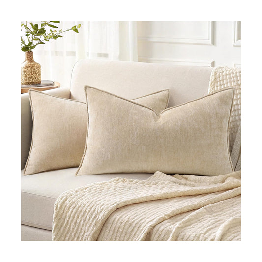 Decorative Soft Velvet Modern Chenille Lumbar Pillow / Natural Beige / 20 x 12 / Set of 2