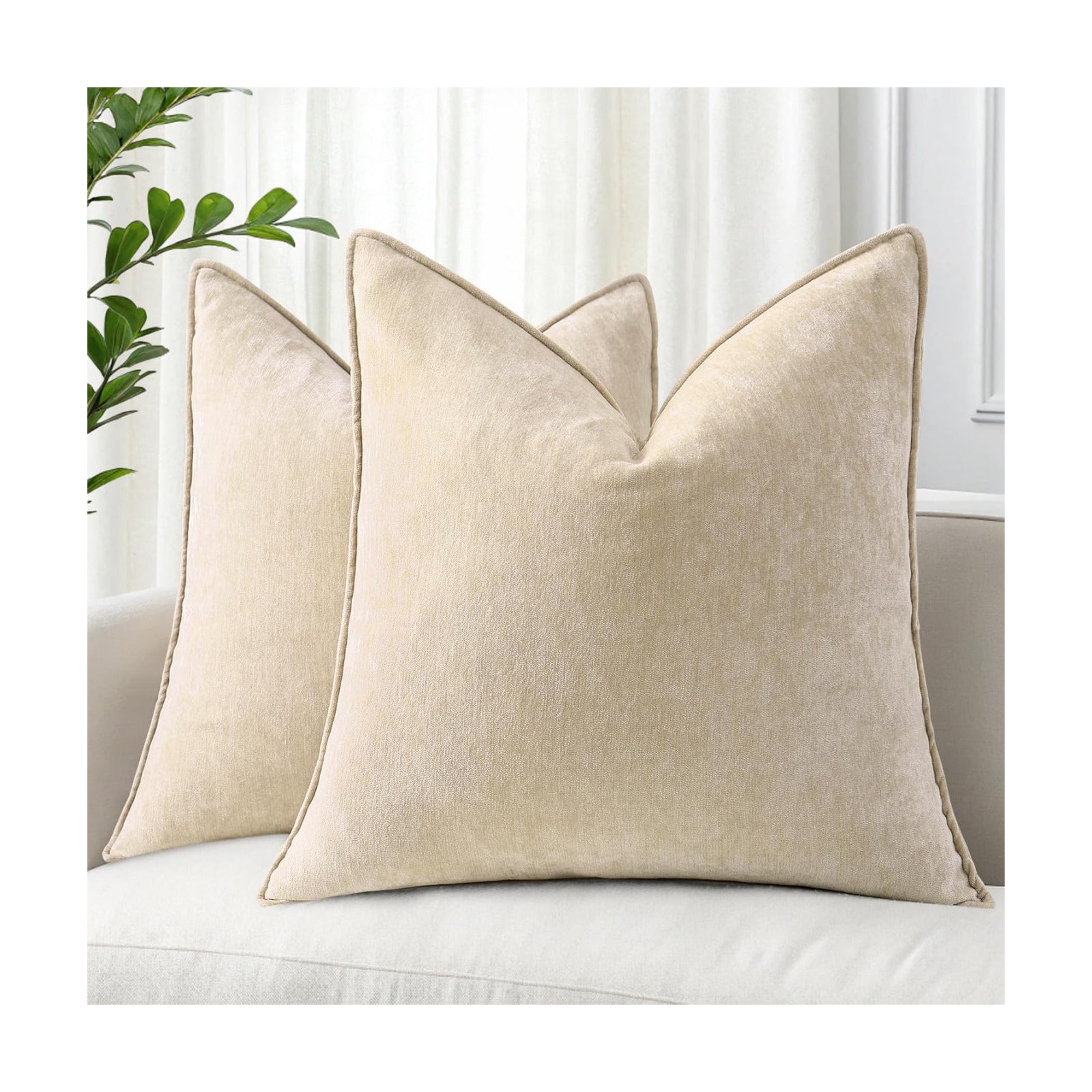 Decorative Soft Velvet Modern Chenille Pillow Cases / Natural Beige / 20 x 20 / Set of 2