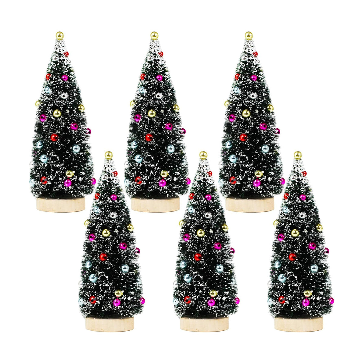 Winlyn 6 Pcs Artificial Tabletop Christmas Trees 8.3 Inch Frosted Green Bottle Brush Trees with Wood Bases Small Sisal Trees with White Snow and Ornaments for Winter Holiday Christmas Village Décor