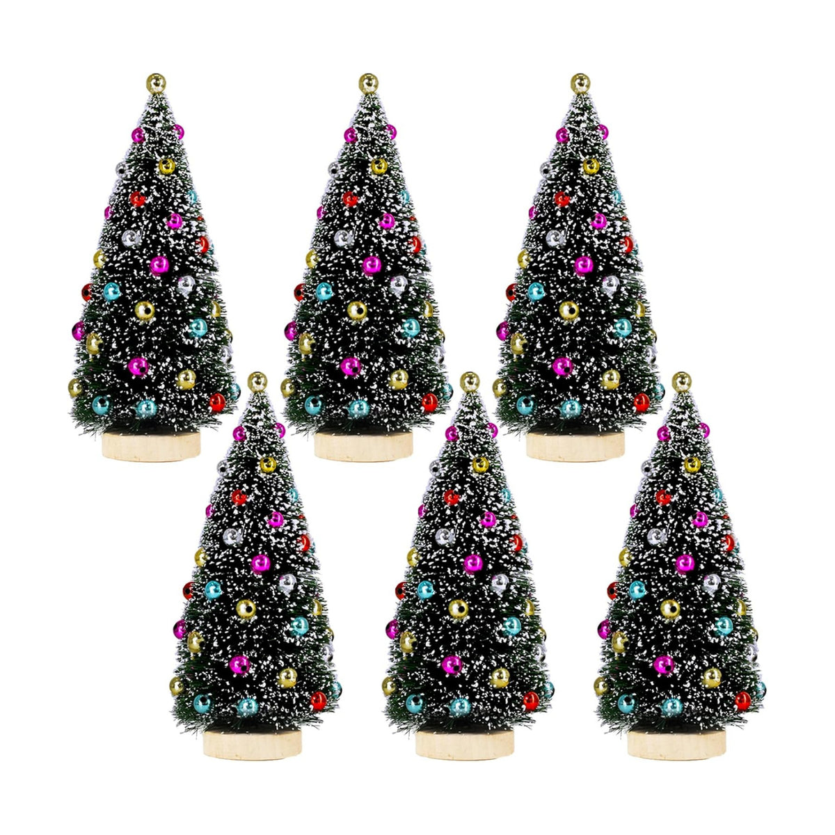 Winlyn 6 Pcs Mini Tabletop Christmas Trees 6.3 Inch Frosted Green Bottle Brush Trees with Wood Bases Small Sisal Trees with White Snow and Ornaments for Winter Christmas Holiday Decor Tiered Display