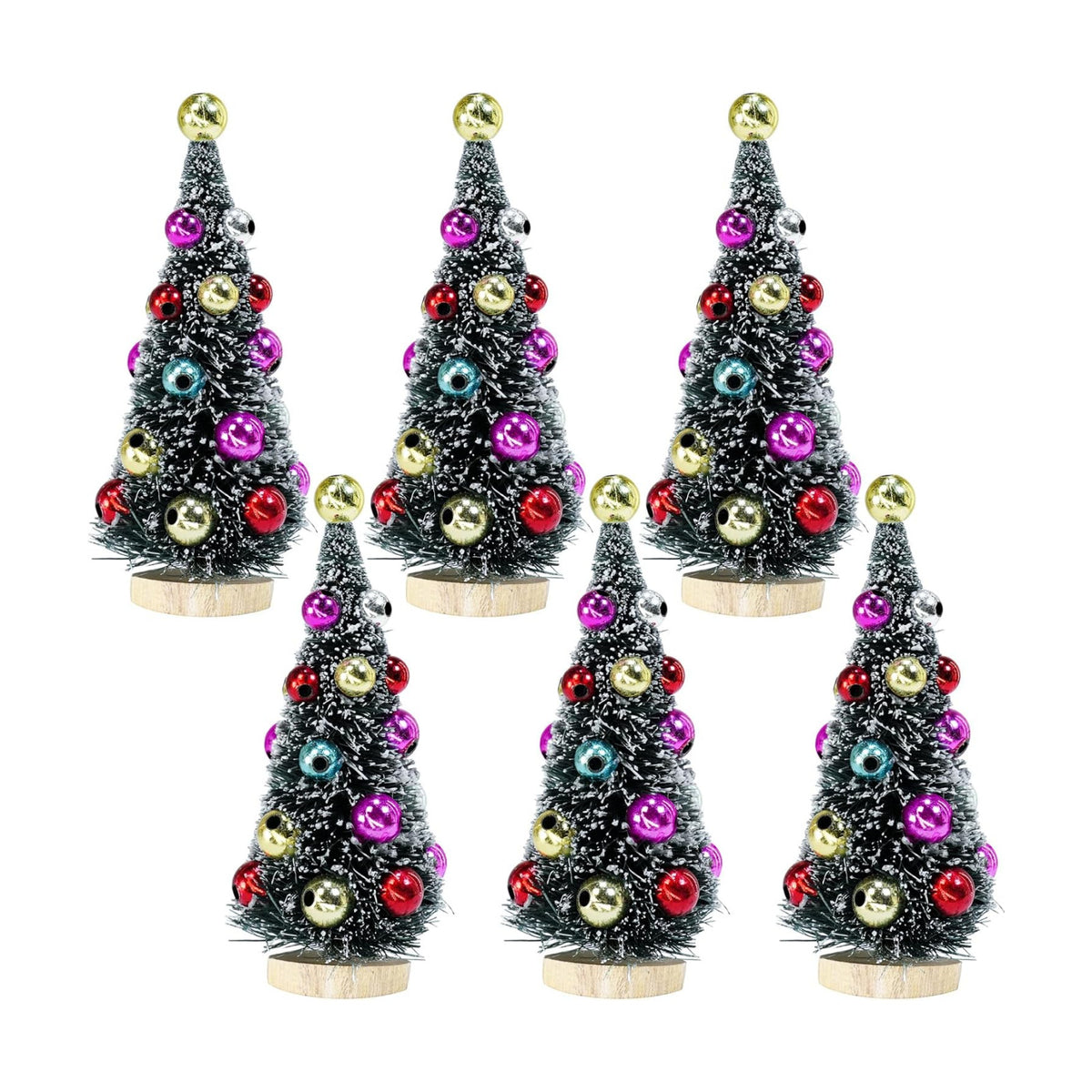 Winlyn 6 Pcs Artificial Mini Christmas Trees 4.3 Inch Frosted Green Bottle Brush Trees with Wood Bases Sisal Trees with White Snow and Ornaments for Winter Christmas Holiday Dollhouse Miniature Décor