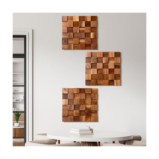 3D Wood Wall Art 11.8'' x 11.8'' Rugged Mosaic Wood Wall Decor Rustic Block Wooden Wall / Set of 3