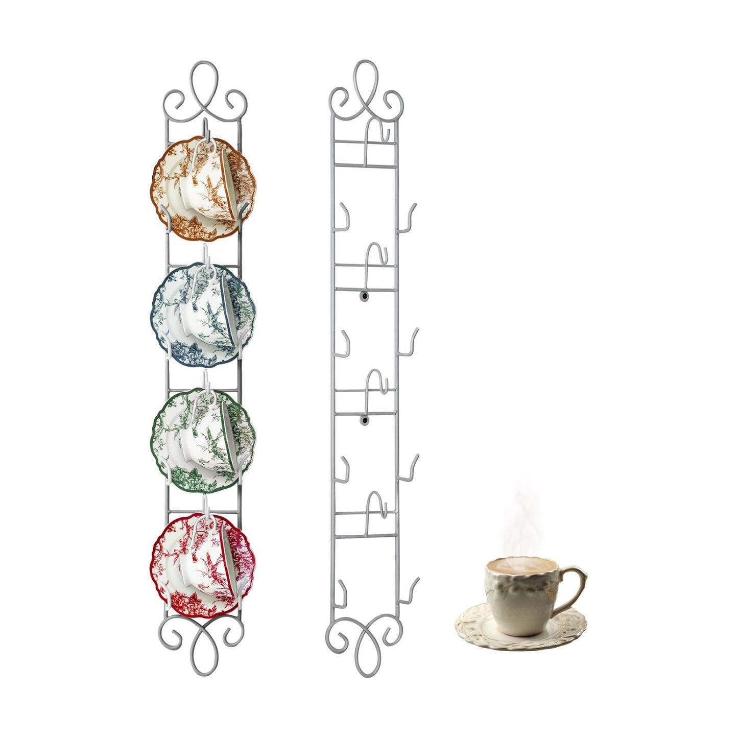 Blulu 2 Pcs Wall Mounted Tea Cup & Saucer Display Rack 4 Tiers,White | 36 x 5 Inch Vertical Metal Mug & Plate Hanger