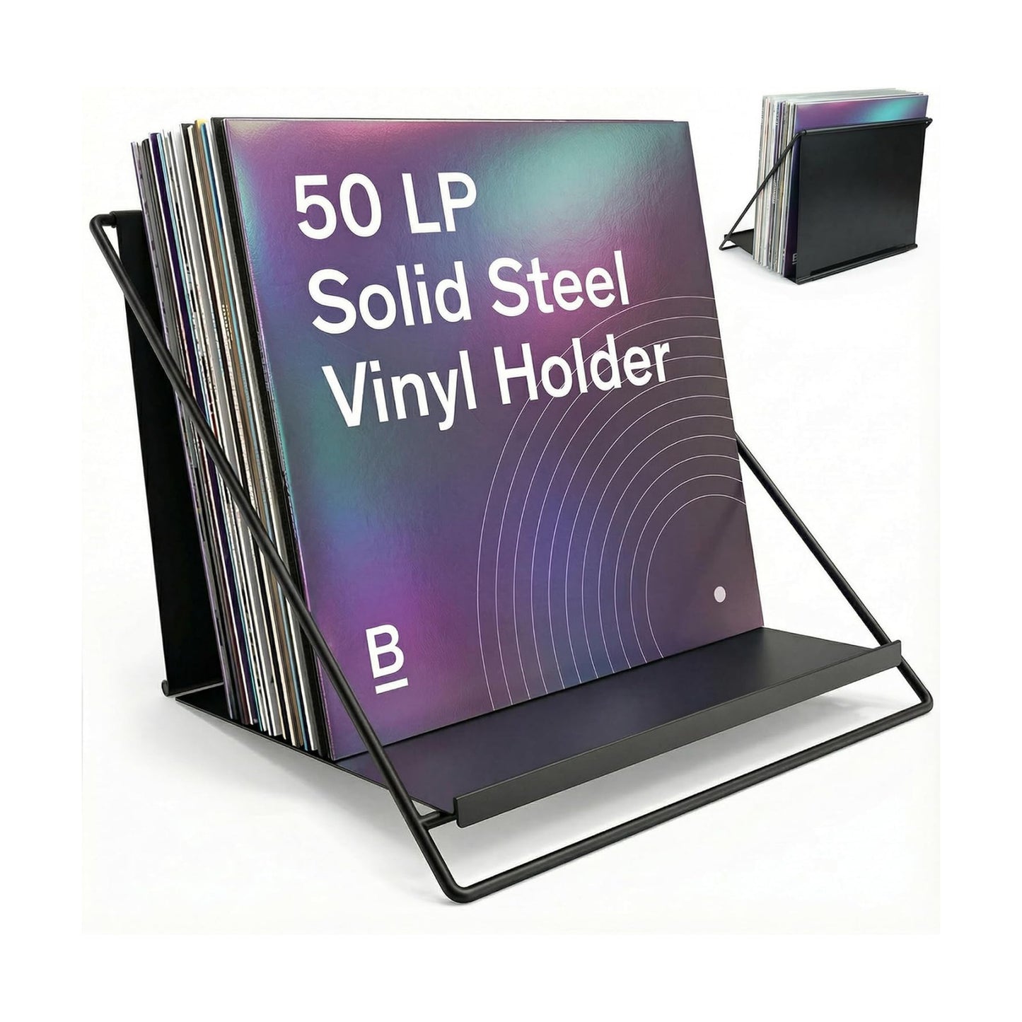 Vinyl Record Storage Rack - Record Holder for 50 LPs, Black | Solid Steel Powder-Coated Finish - Patented Fold-Flat