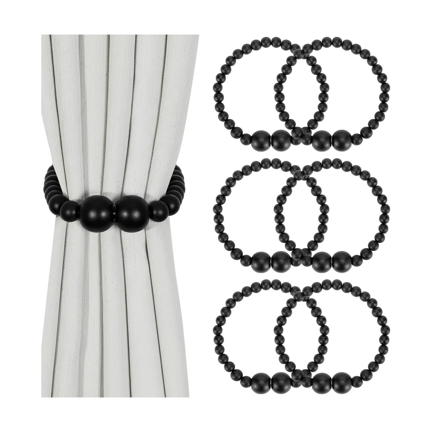 KLOGTSIND Magnetic Curtain Tiebacks, 6 Pack Wood Bead Curtain Holdbacks | Curtain Holders for Bedroom Decor, Boho Room