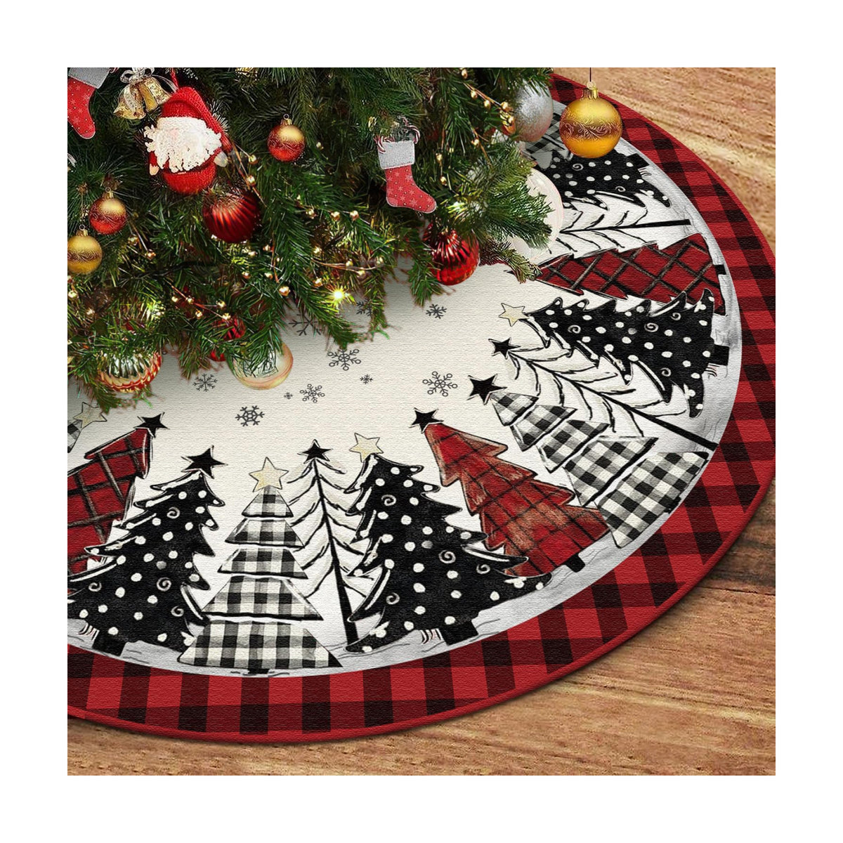 Christmas Tree Skirt 48 Inch, Red and Black Buffalo Plaid Xmas Tree Skirt, Winter Christmas Tree Mat for Home Party Holiday Indoor Outdoor Decorations